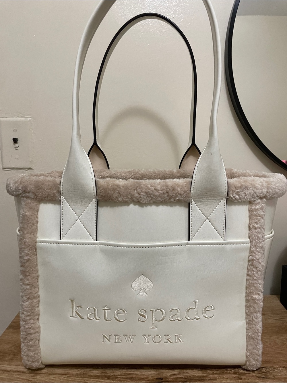 kate spade White Leather Tote with Cream Shearling Trim